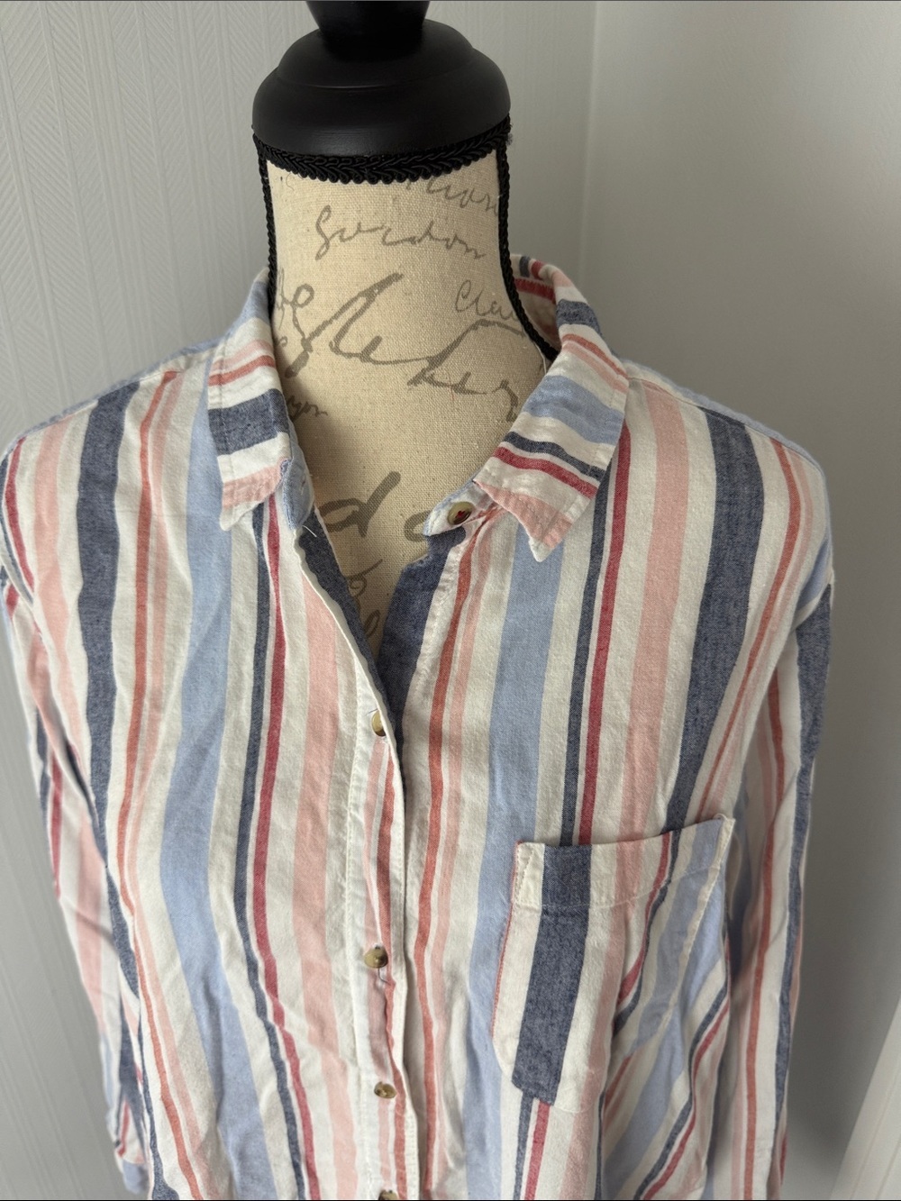 Anthropologie Maeve Striped Button-Up in Blue, Pink,White Large Cotton Linen Mix - Picture 5 of 8